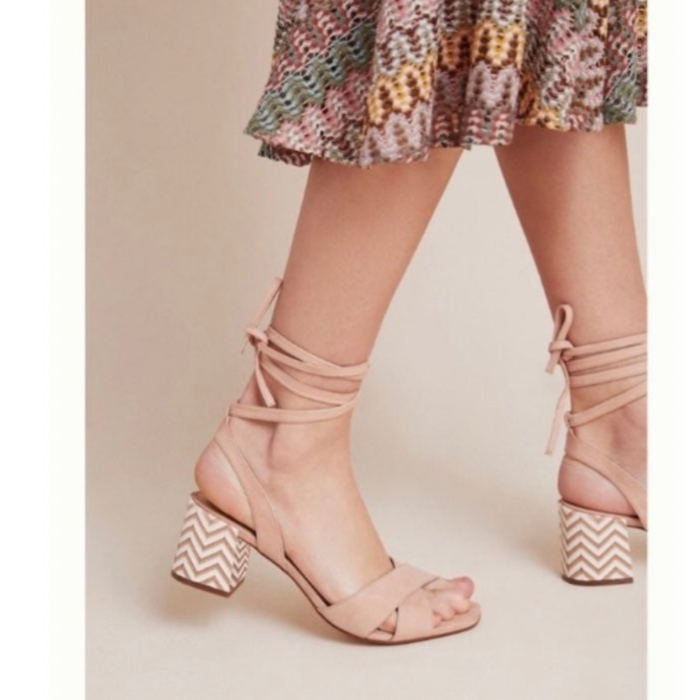 Anthropologie Ankle-Tie Block Heel Sandal- nude/blush